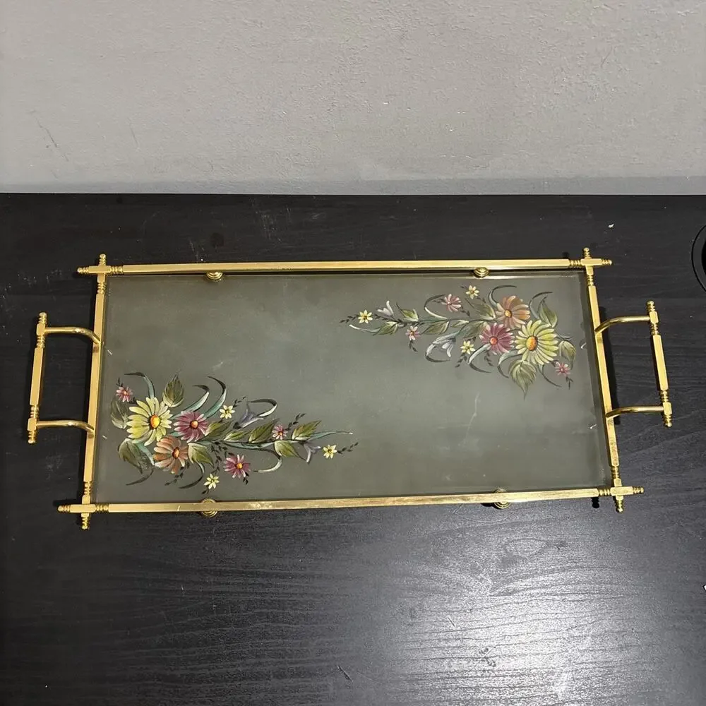 Vintage MCM Hollywood Regency Brass Frame Glass Hand Painted Floral Serving Tray